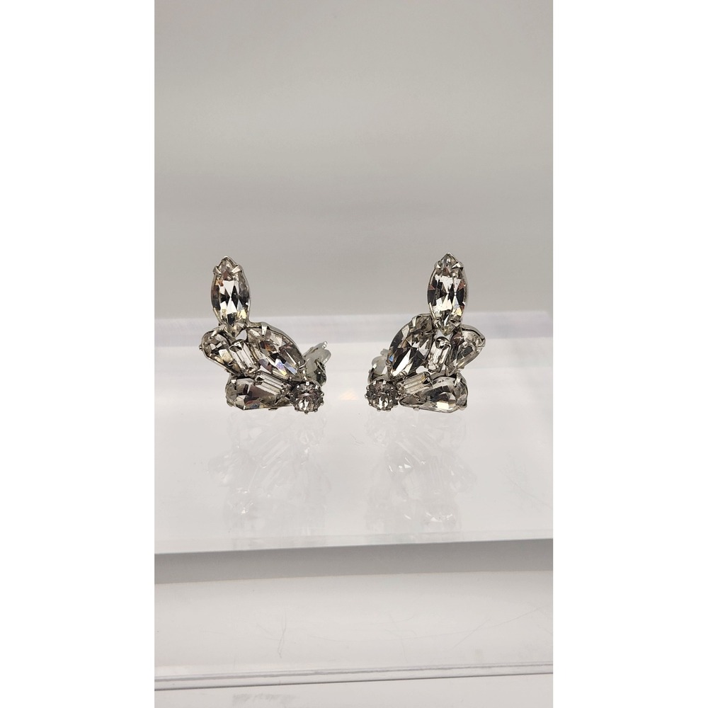 Vintage Weiss Clear Rhinestone Clip Earrings Silver Tone Marquise Baguette Cut
